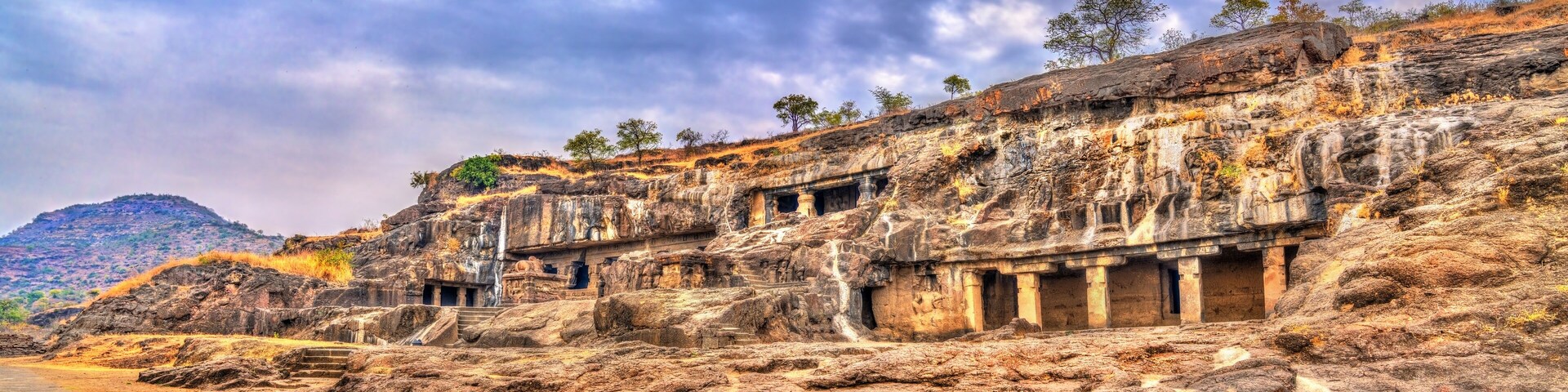 Panorama of Ellora caves 20-24. UNESCO world heritage site in Maharashtra, India