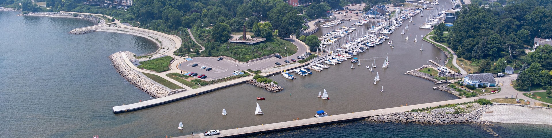 Aerial view of Port of Oakville harbour and marina.