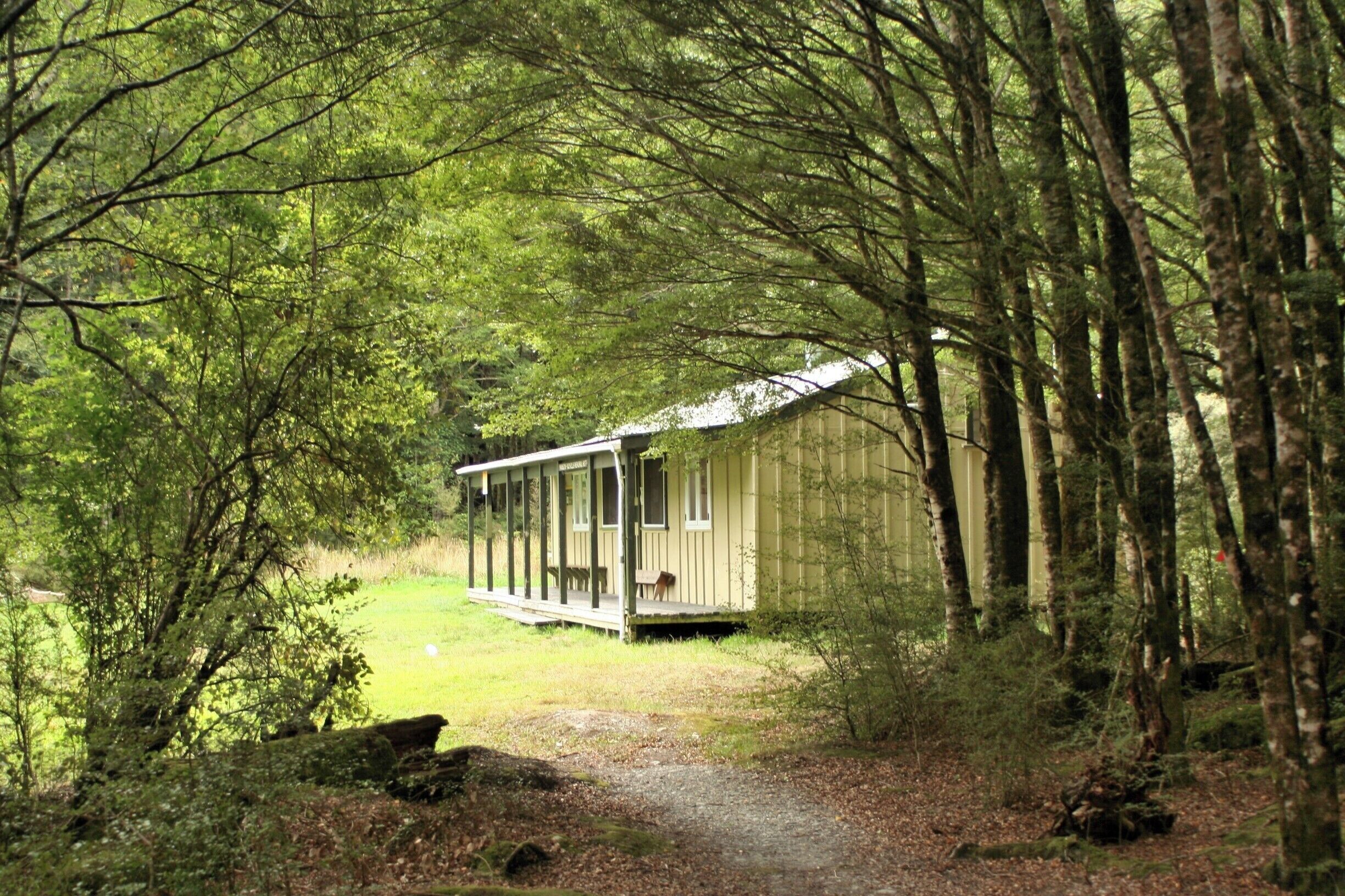Manson Nicholls memorial hut, seen from the track coming out of the forest.