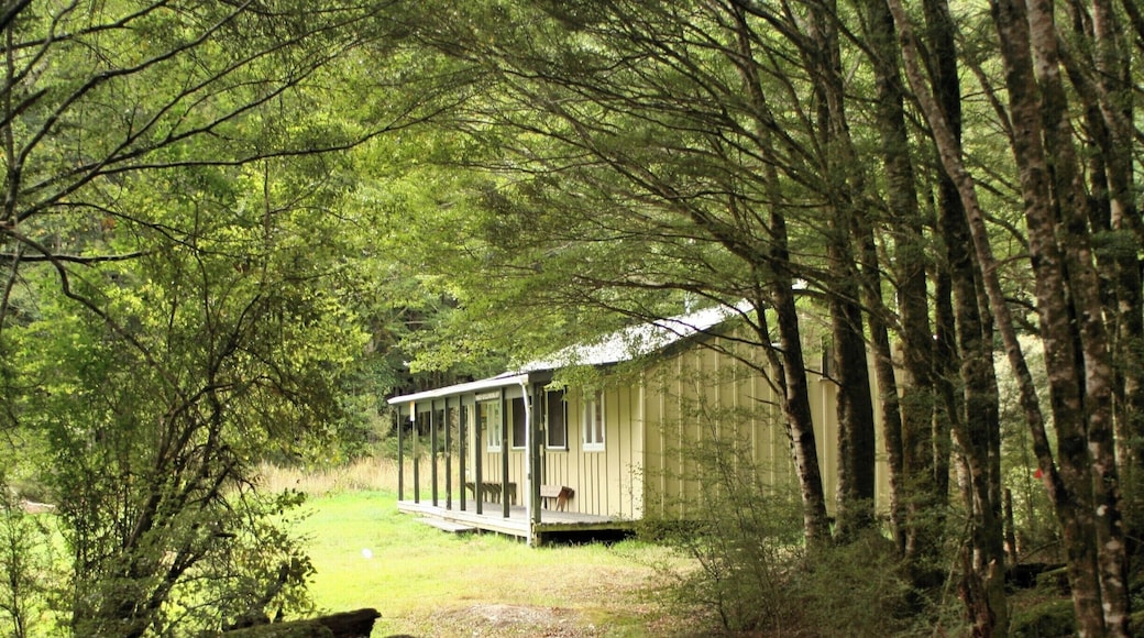 Manson Nicholls memorial hut, seen from the track coming out of the forest.