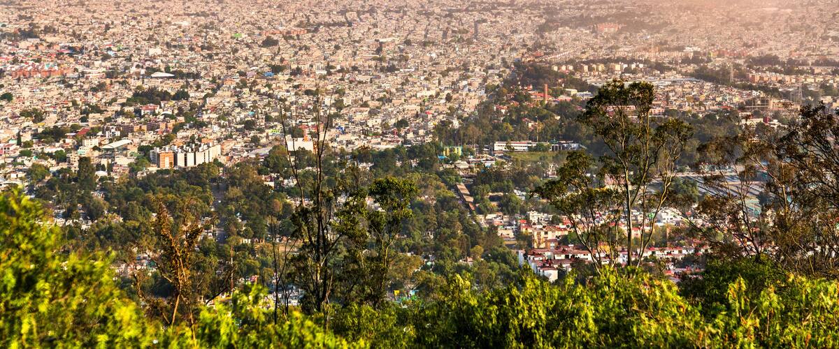 Panoramic view of a volcanic ridge in Mexico City from Cerro de la Estrella National Park in Mexico