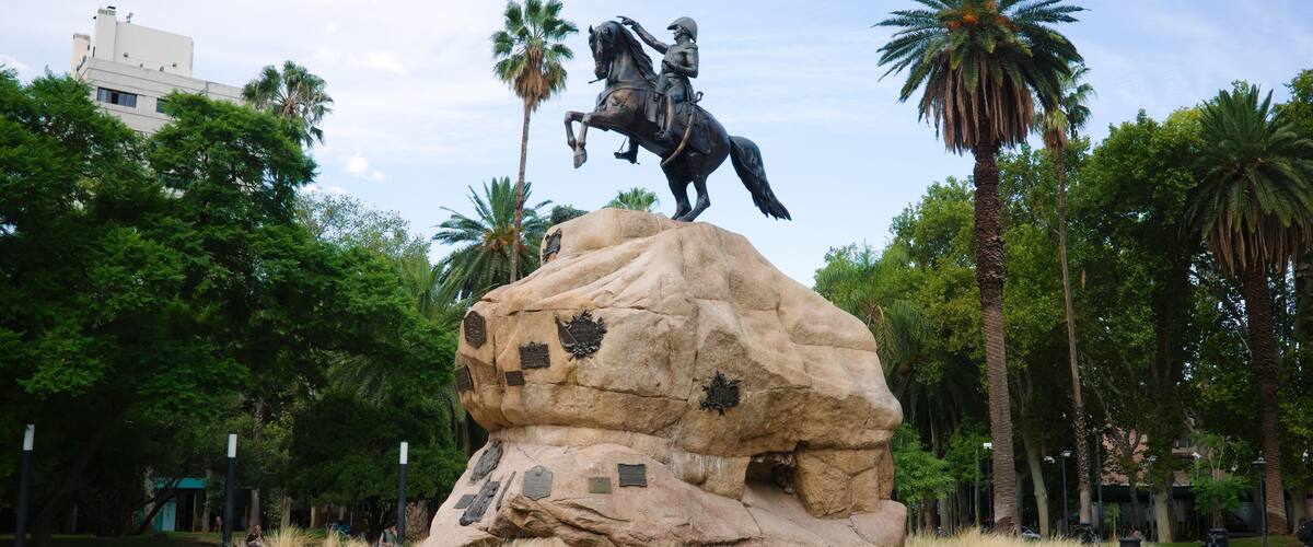 Monument of General San Martin on a horse on Plaza San Martin square in Mendoza, Argentina