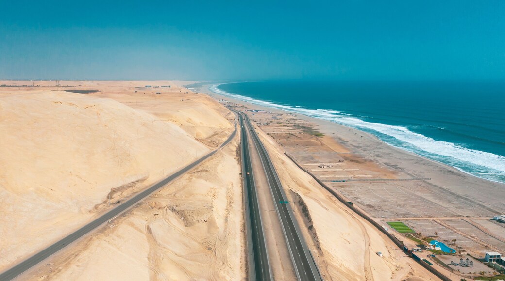 Panamericana road with Pacific ocean, aerial view panamericana in Cañete, Perú.