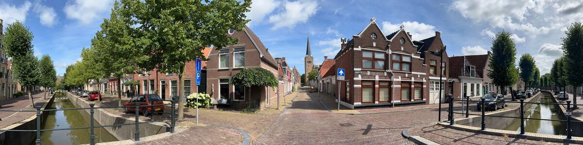 Panorama from a canal and architecture in the old city of Franeker