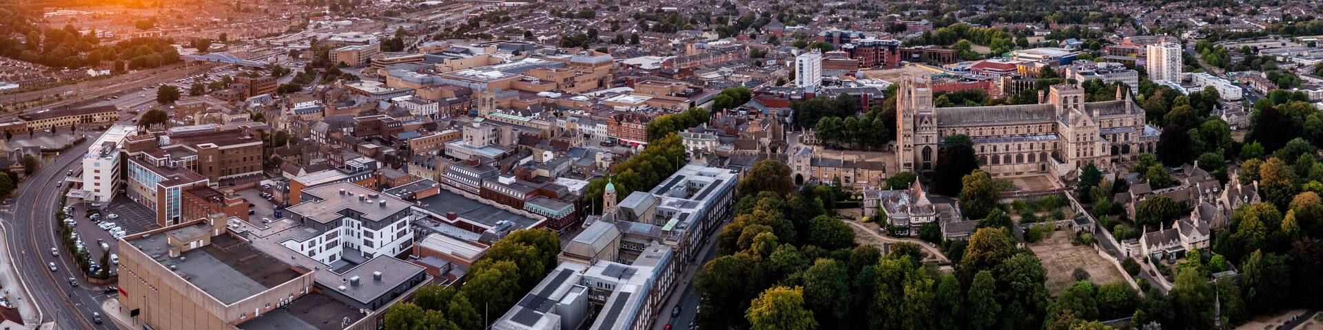 Panoramic aerial cityscape skyline of Peterborough Cathedral and city centre