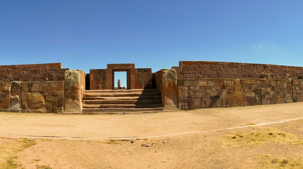 The 2000 year old archway at the Pre-Inca site of Tiwanaku near La Paz in Bolivia. Tiwanaku