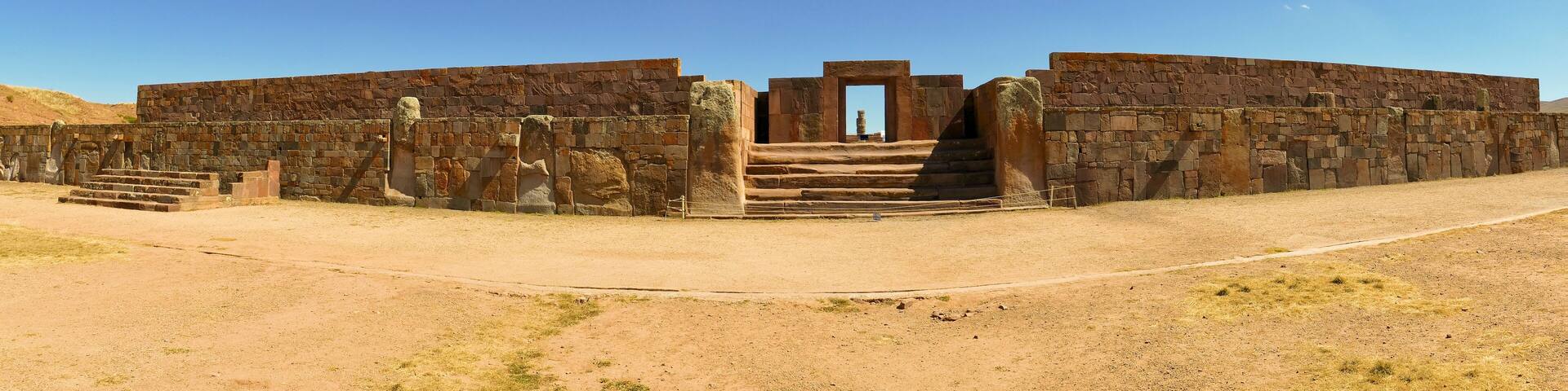 The 2000 year old archway at the Pre-Inca site of Tiwanaku near La Paz in Bolivia. Tiwanaku