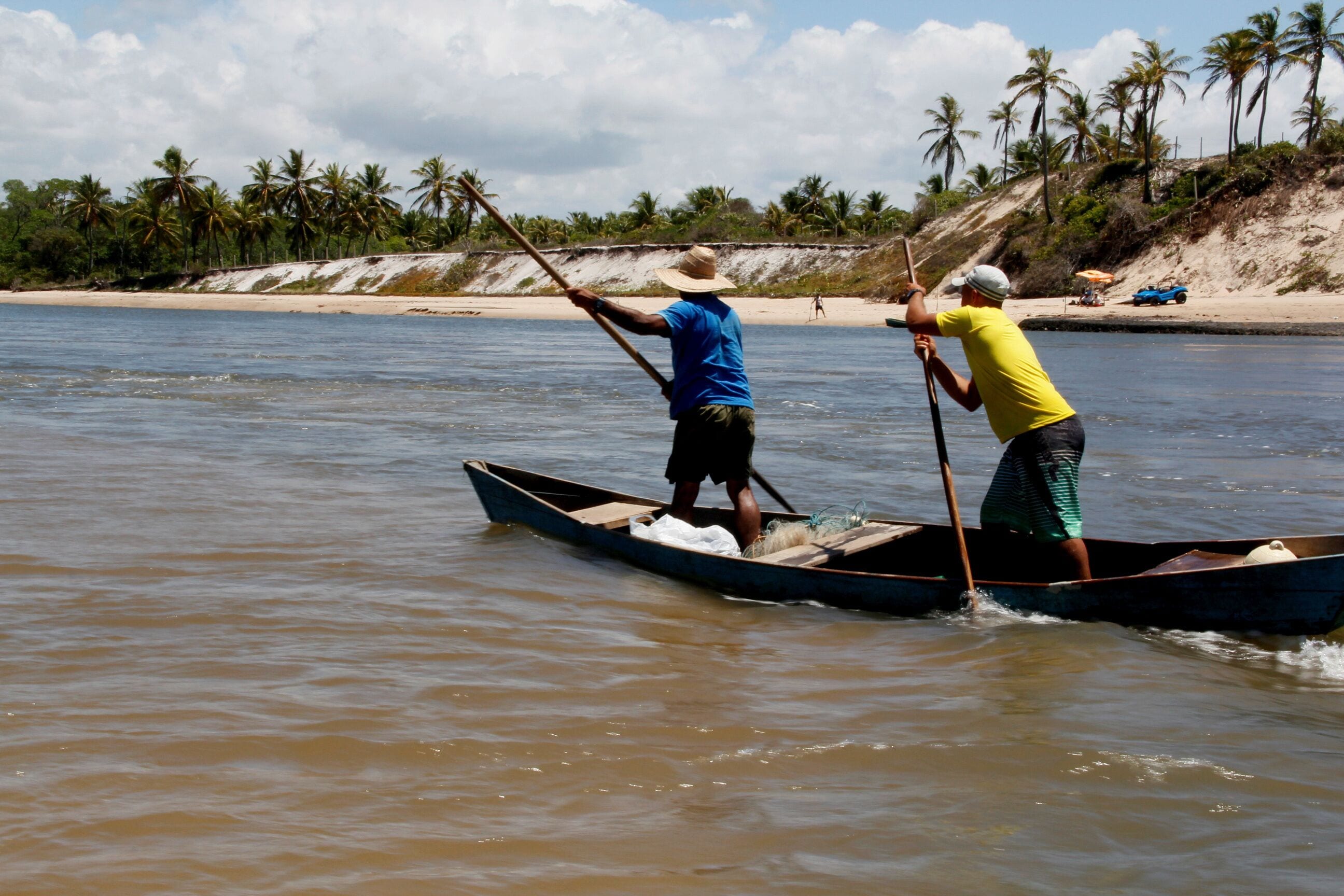 Two people paddling a canoe on a river with palm trees and a sandy beach in the background.