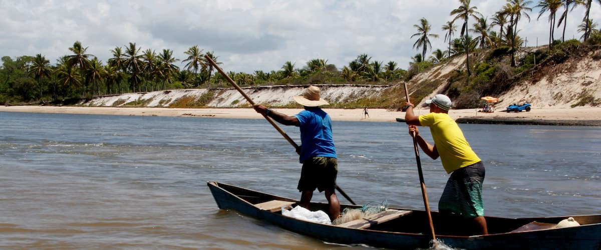 Two people paddling a canoe on a river with palm trees and a sandy beach in the background.
