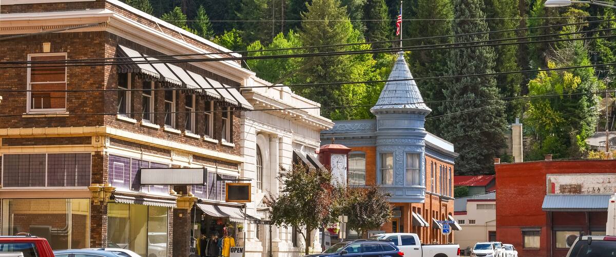 The picturesque Center of the Universe corner at the historic mining town of Wallace, Idaho.