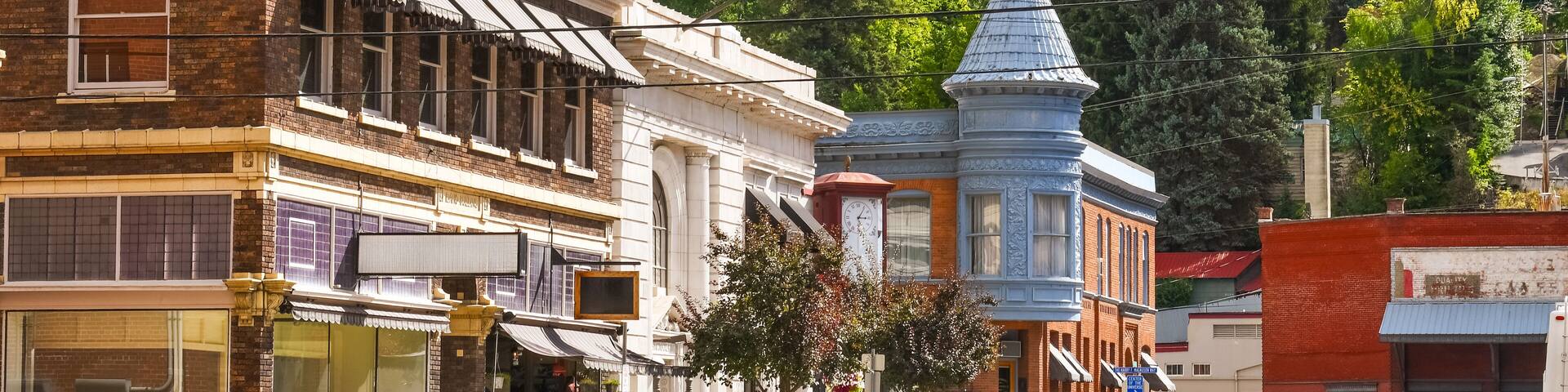 The picturesque Center of the Universe corner at the historic mining town of Wallace, Idaho.