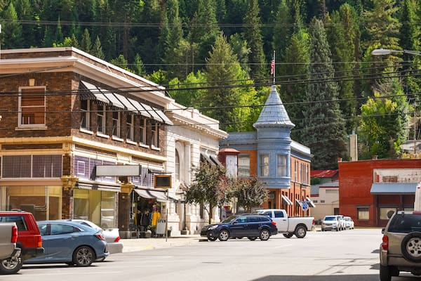 The picturesque Center of the Universe corner at the historic mining town of Wallace, Idaho.