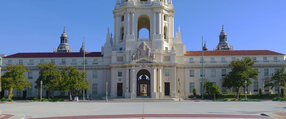 This is an HDR image looking east of the Pasadena City Hall. This landmark was built in 1927. The City of Pasadena is located in Los Angeles County.