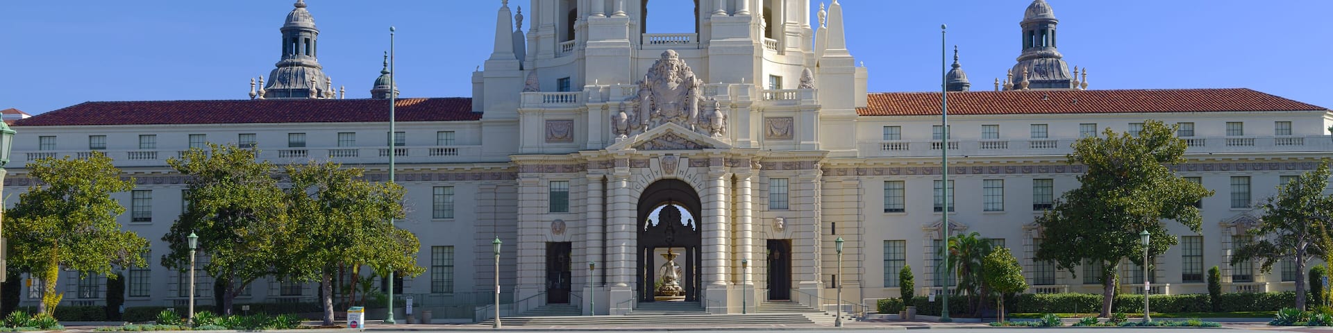 This is an HDR image looking east of the Pasadena City Hall. This landmark was built in 1927. The City of Pasadena is located in Los Angeles County.
