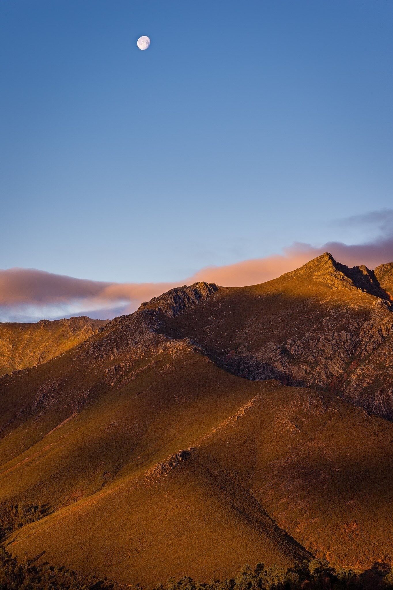 A mountain range with a visible moon in the sky.