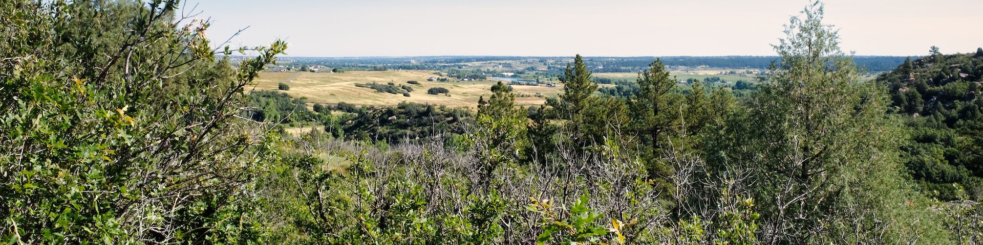 A dirt path through dense green foliage leading to a distant view of a valley with fields and scattered trees.