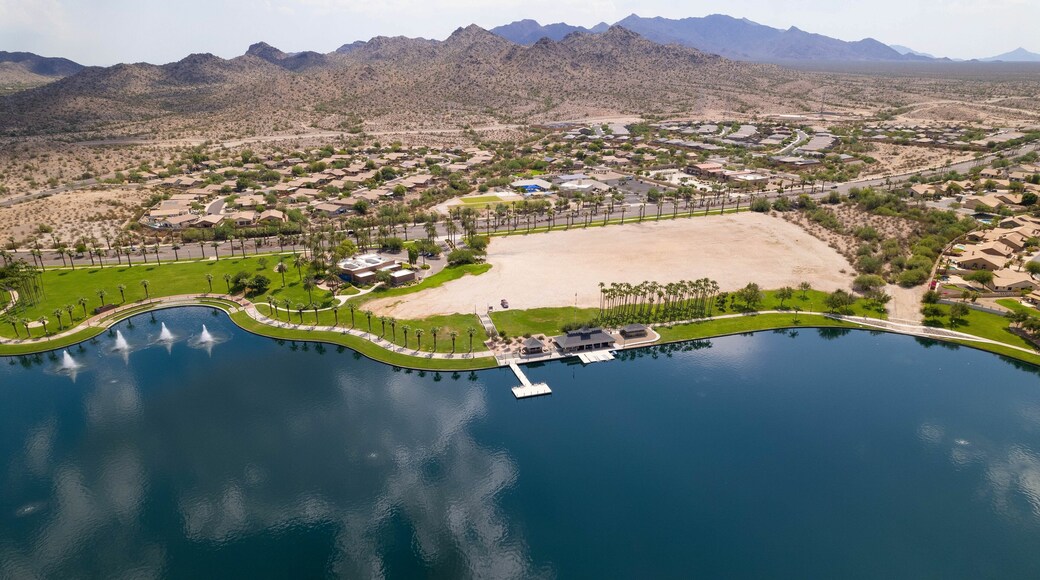 Aerial drone shot of Estrella Mountain Ranch and the North Lake in Starpoint Residents Club, Arizona