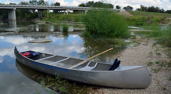 Canoe Beach/Two person canoe sitting on the bank of a river.