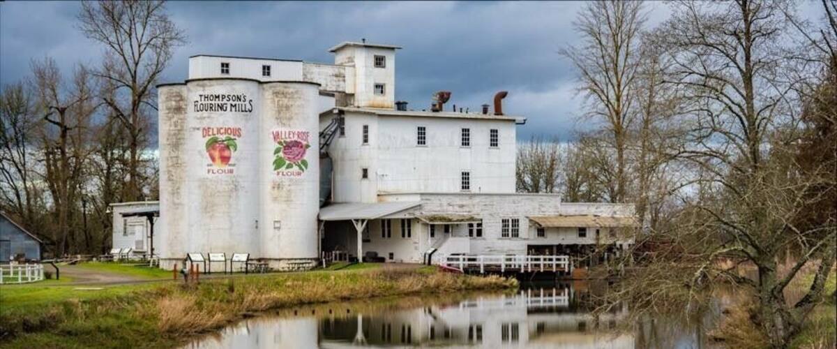 Thompson's Flouring Mills with a large silo and a building with a sign that reads "Delicious Valley Roof Flour."