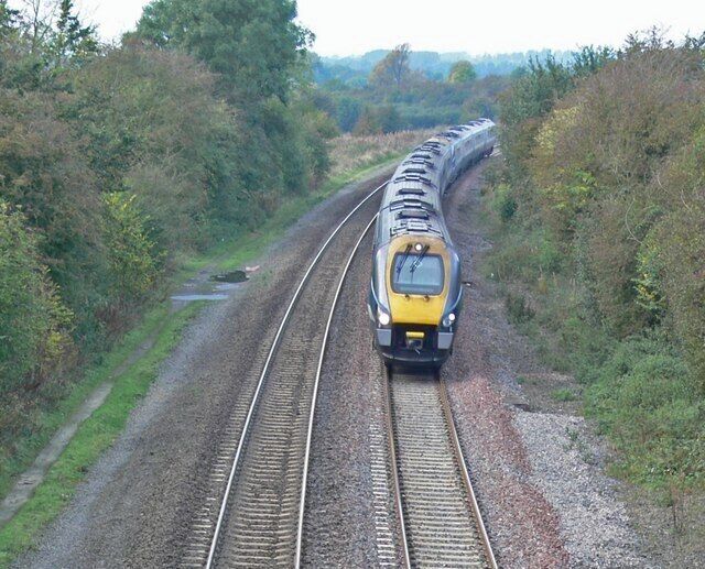 A train on a railway track surrounded by greenery.