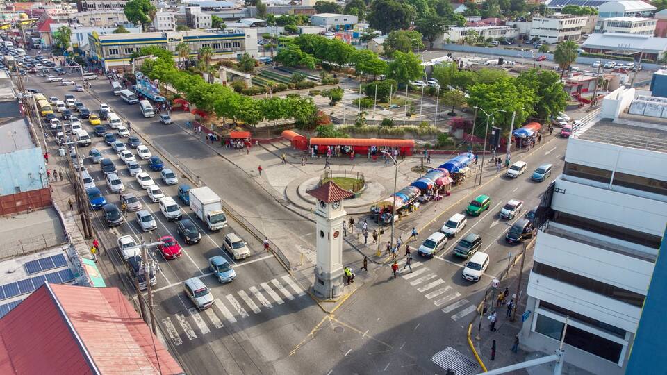 Aerial View of Caribbean City Center, Half Way Tree, St. Andrew Jamaica.