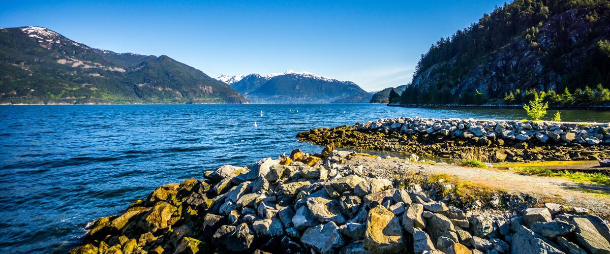 The waters of Howe Sound and surrounding mountains along Highway 99 between Vancouver and Squamish, British Columbia. Viewed from the Porteau Cove ferry docks