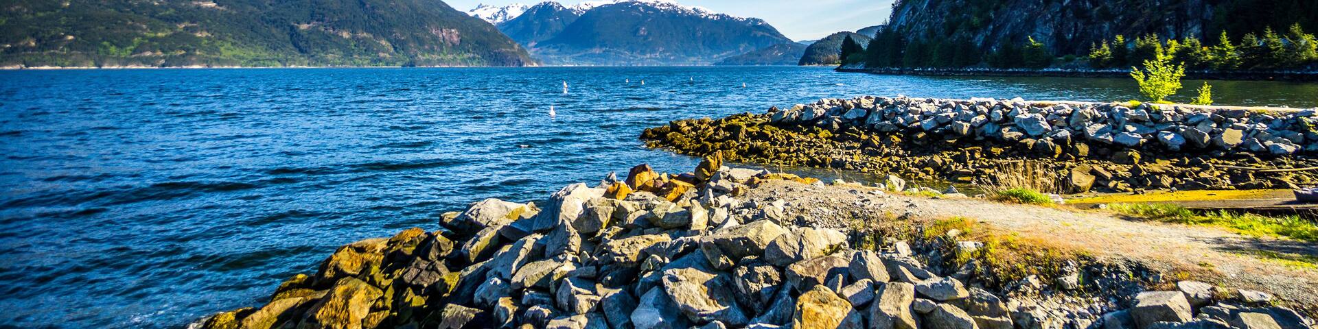 The waters of Howe Sound and surrounding mountains along Highway 99 between Vancouver and Squamish, British Columbia. Viewed from the Porteau Cove ferry docks