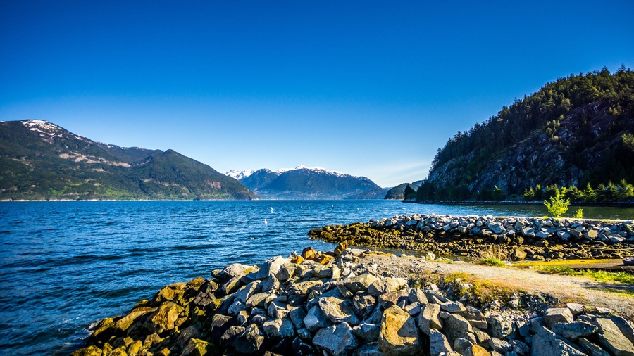 The waters of Howe Sound and surrounding mountains along Highway 99 between Vancouver and Squamish, British Columbia. Viewed from the Porteau Cove ferry docks