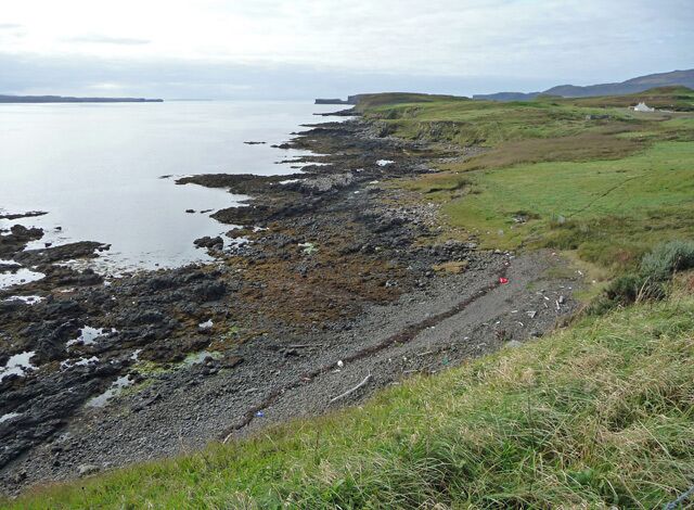 A rocky coastline with a grassy area and a body of water.