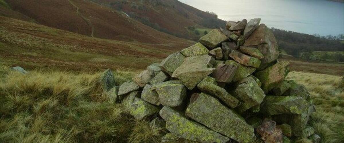 Cairn, Sleet Fell At the 378 m. spot height. Looking towards Birk Fell