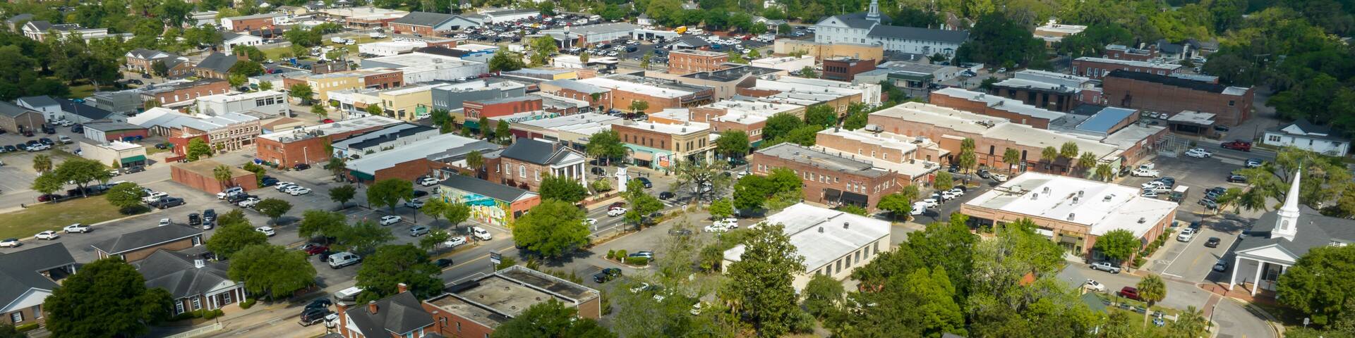 Aerial view of a small town called Conway, located outside of Myrtle Beach, South Carolina.