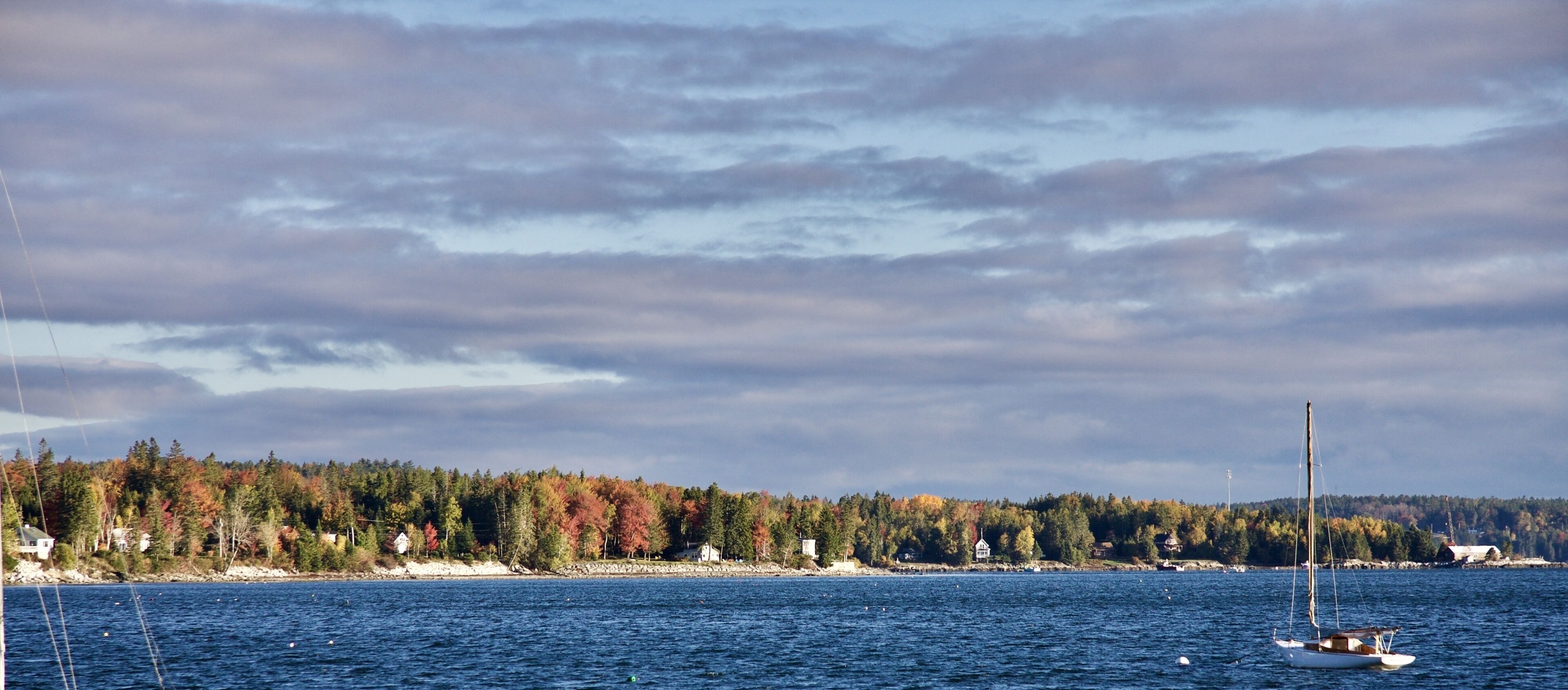A calm sea with a sailboat, a forested shoreline, and a cloudy sky.