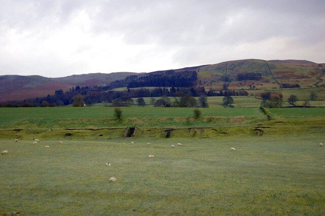 A rural landscape with rolling hills, a field with grazing sheep, and a distant village.