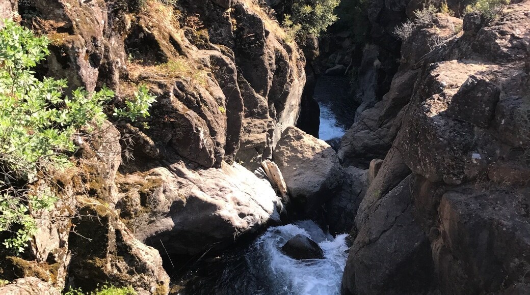 On the west side of hwy 299 just several hundred feet down Montgomery Creek Falls Rd. and you can stand on the wooden bridge and this is the view