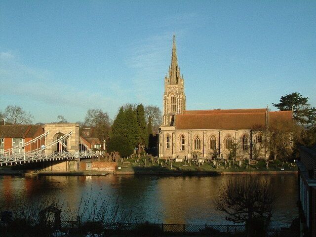Marlow, Buckinghamshire: All Saints' parish church and Marlow Bridge, viewed from the Compleat Angler Hotel.