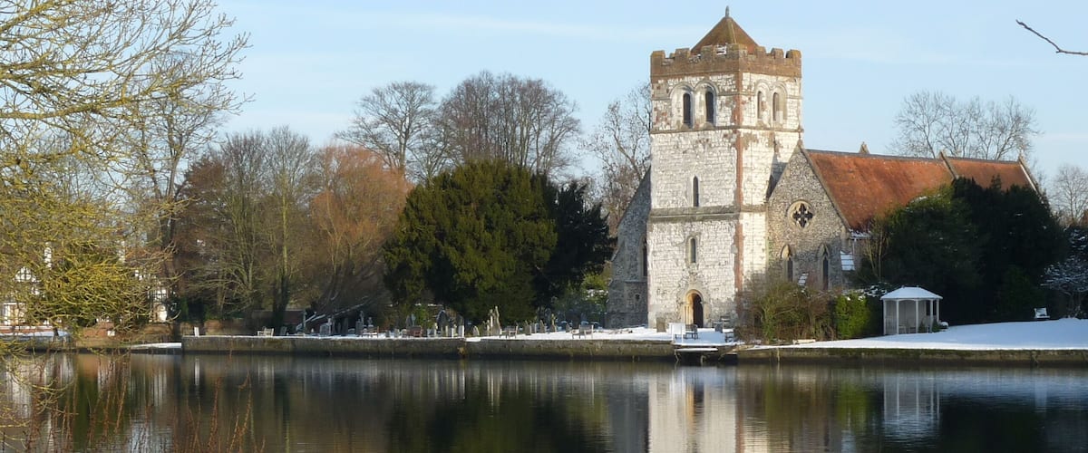 All Saints' parish church, Bisham, Berkshire, England, seen from the southwest from across the River Thames