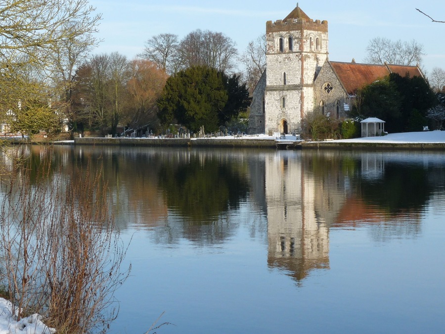 All Saints' parish church, Bisham, Berkshire, England, seen from the southwest from across the River Thames
