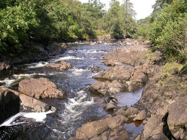 A rocky river with clear water flowing over rocks, surrounded by dense green foliage.