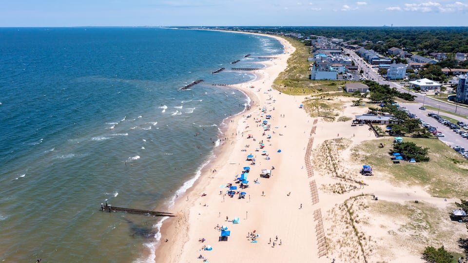 Aerial view looking east of the beach at Ocean View in Norfolk