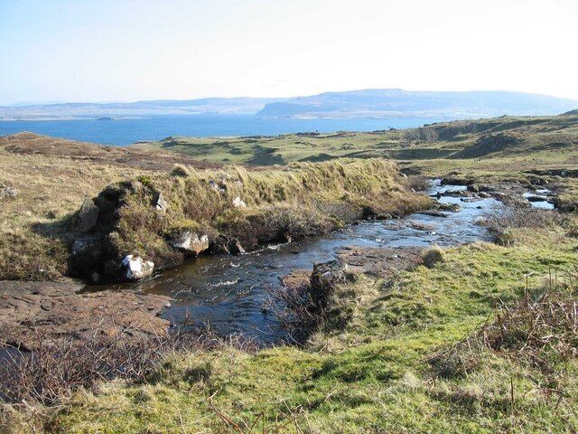 Galtragill Burn. Looking downstream (east) to Loch Dunvegan and Waternish beyond.