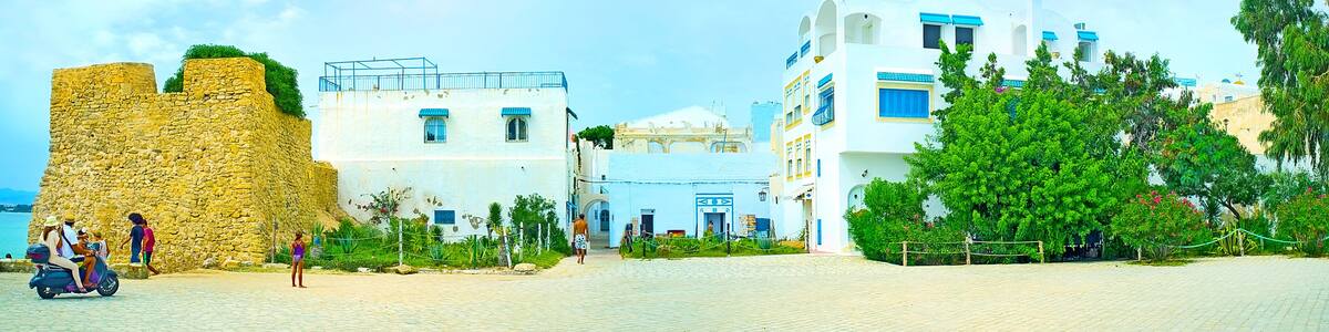 Panorama of Hammamet medina with preserved fortress wall, Tunisia