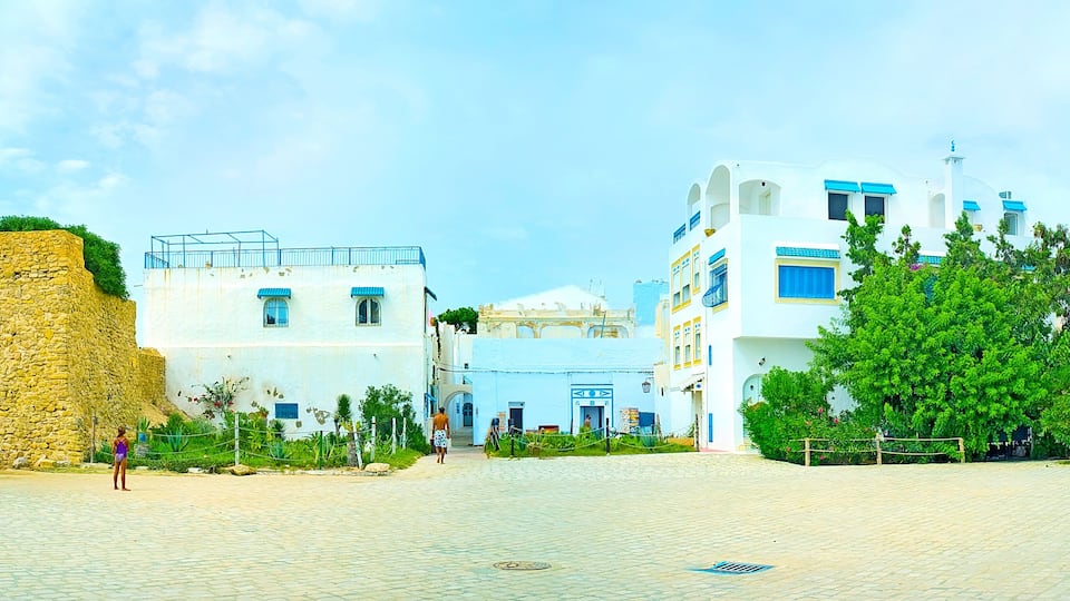 Panorama of Hammamet medina with preserved fortress wall, Tunisia
