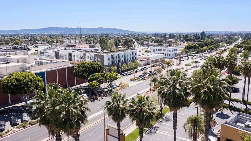 Sunny daytime aerial view of downtown Baldwin Park, California, USA.