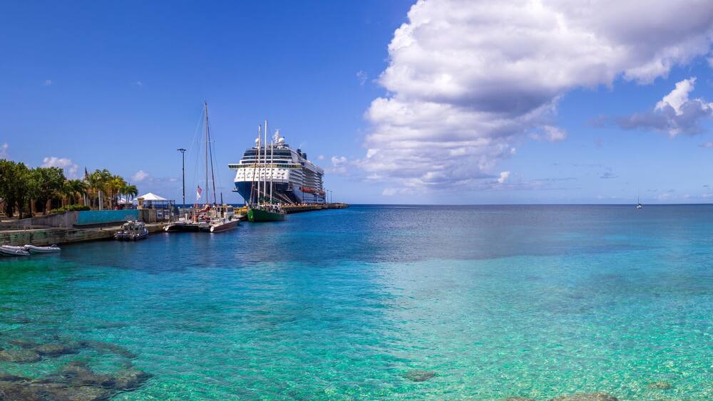 Cruise ship Caribbean vacation. Saint Croix Frederiksted US Virgin Islands panoramic shoreline.