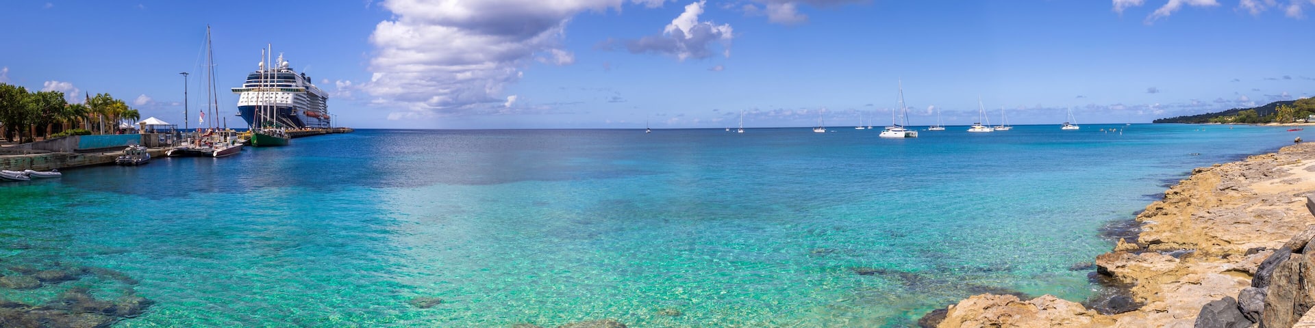 Cruise ship Caribbean vacation. Saint Croix Frederiksted US Virgin Islands panoramic shoreline.