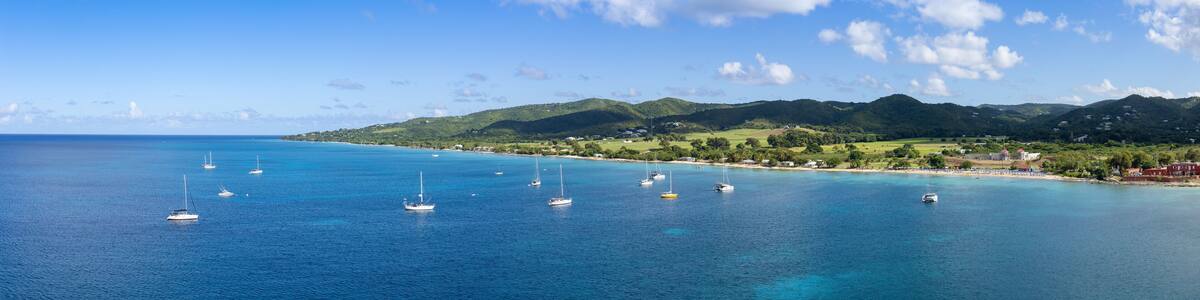 Cruise ship Caribbean vacation. Saint Croix Frederiksted US Virgin Islands panoramic shoreline.