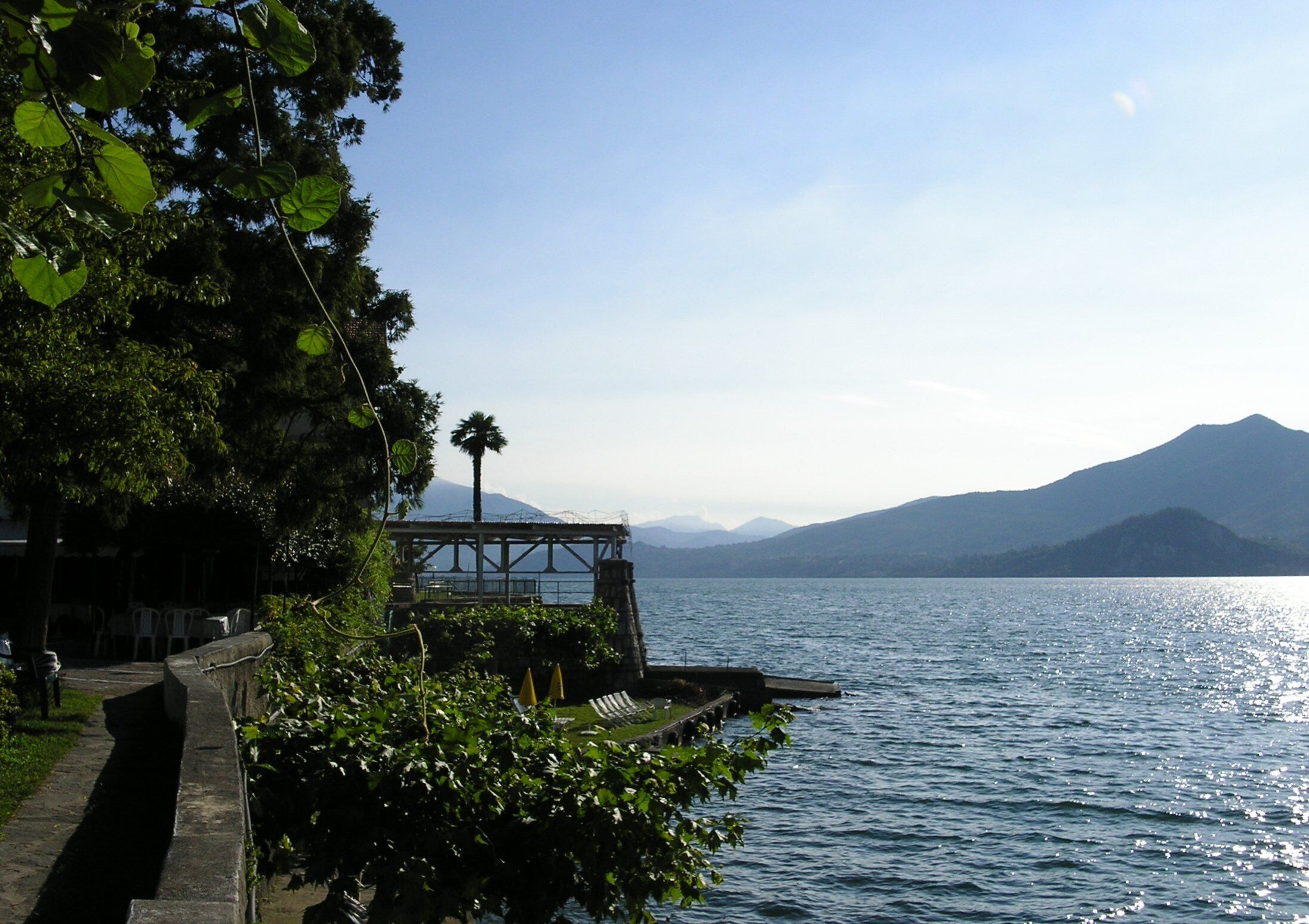 A lakeside walkway with a palm tree, a dock, and mountains in the background.