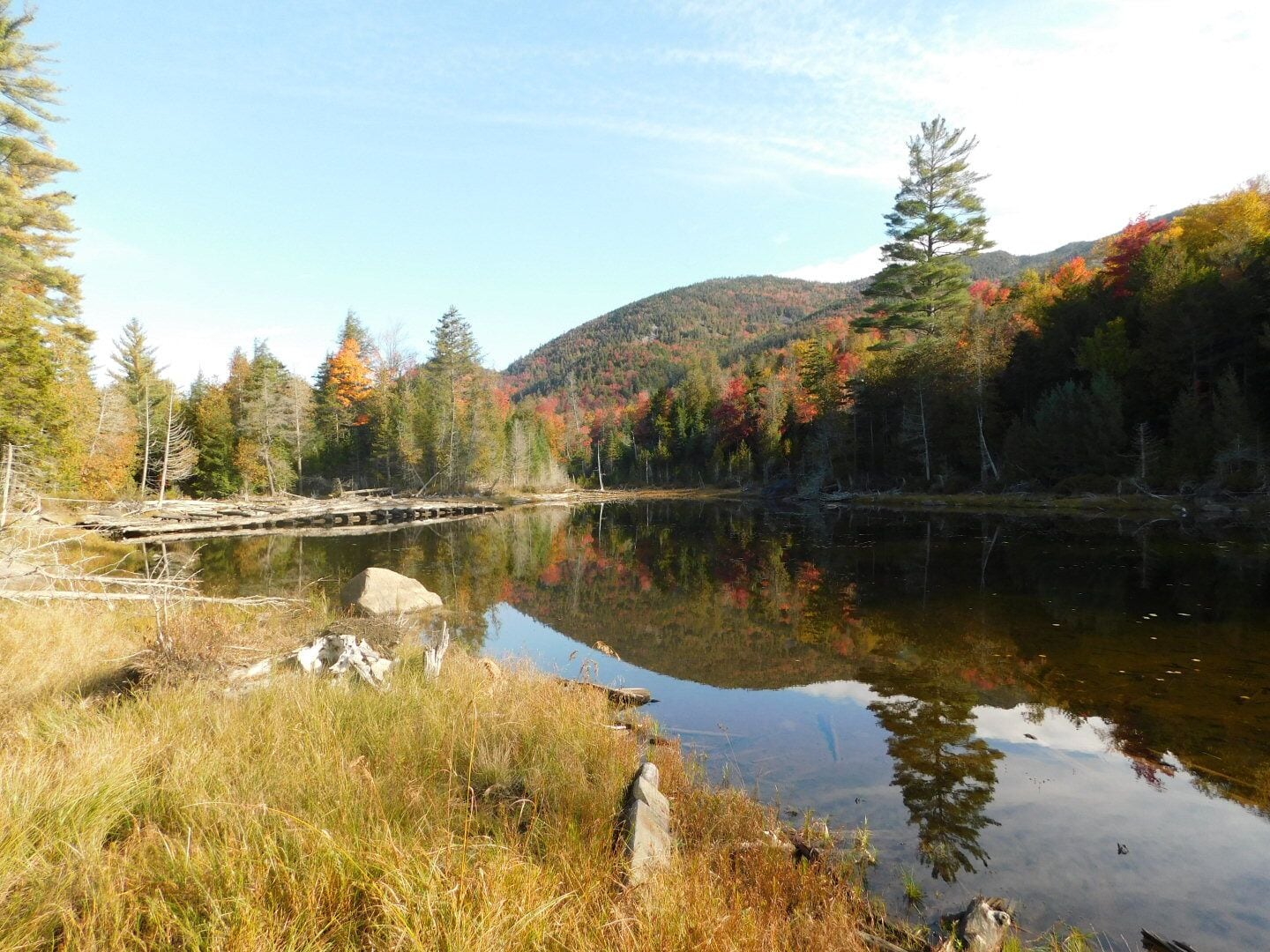 A calm lake surrounded by autumn-colored trees and a forested hillside.