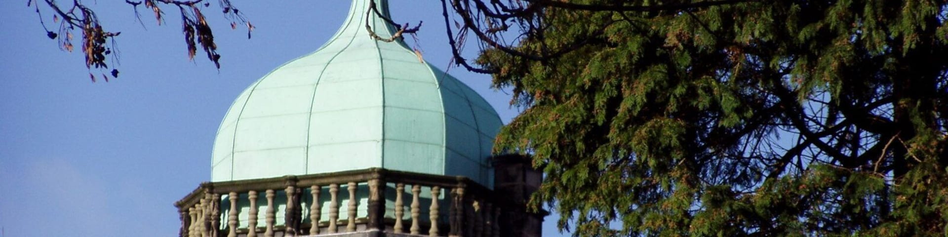 Ingestre Hall dome, Staffordshire, near to Tixall, Staffordshire, Great Britain. A zoom in of the attractive dome atop the former stately home of Ingestre Hall. The dome can be seen for some miles in several directions