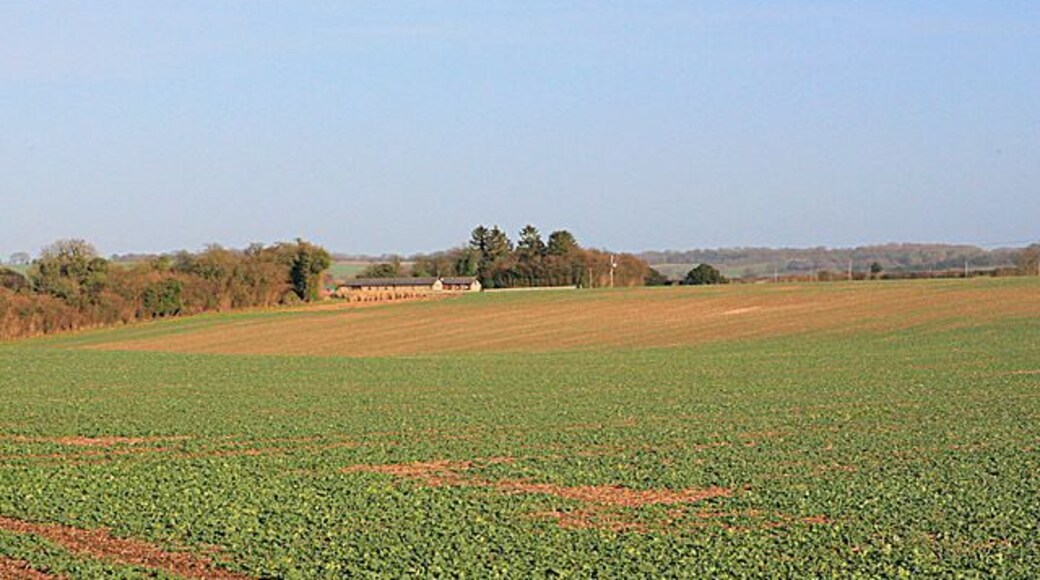Foxhill seen from Copse Lane, Brown Candover Looking across fields to the isolated property named Foxhill.